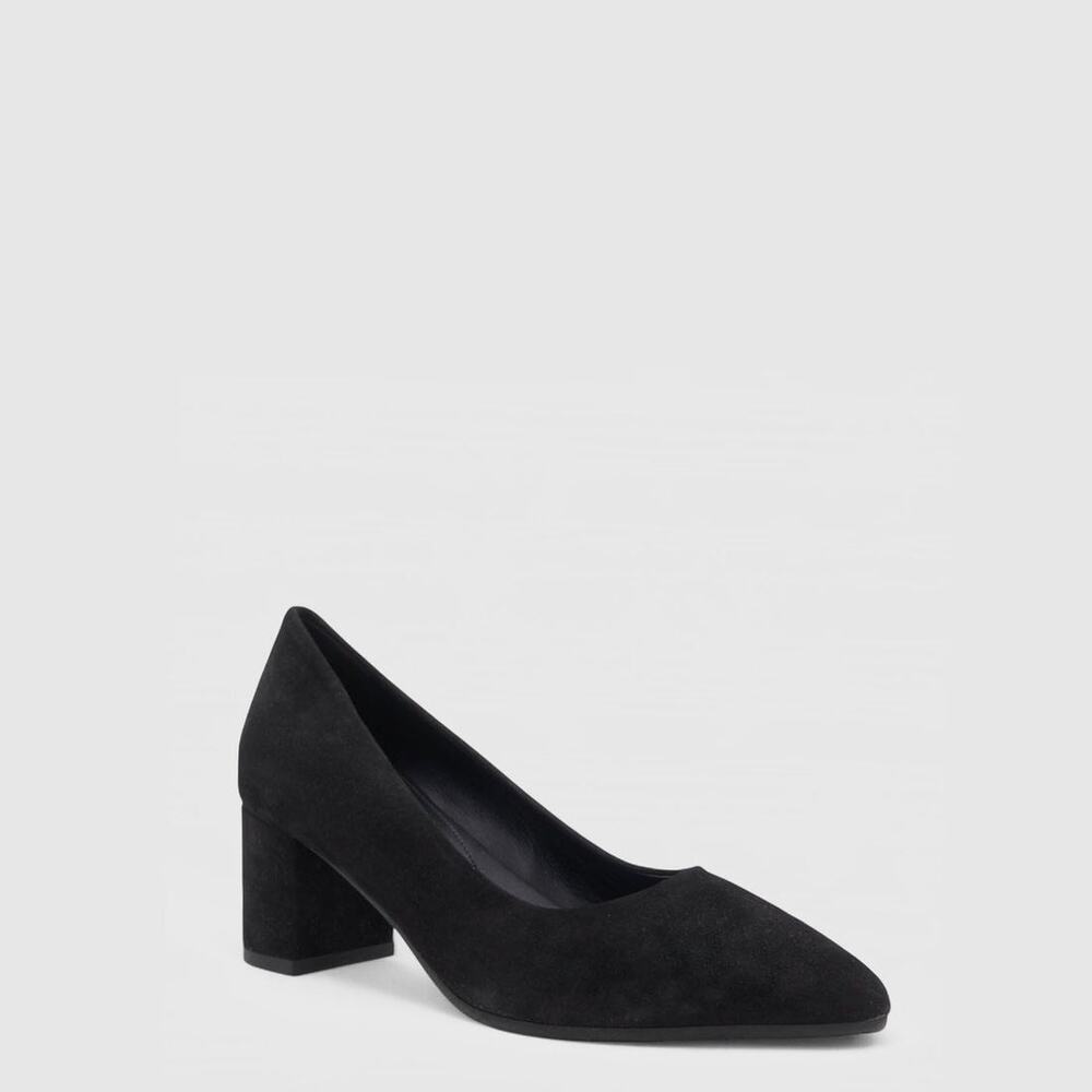 Aquatalia Kari Weatherproof Black Suede Pointed Toe Block Heel Pump Shoes